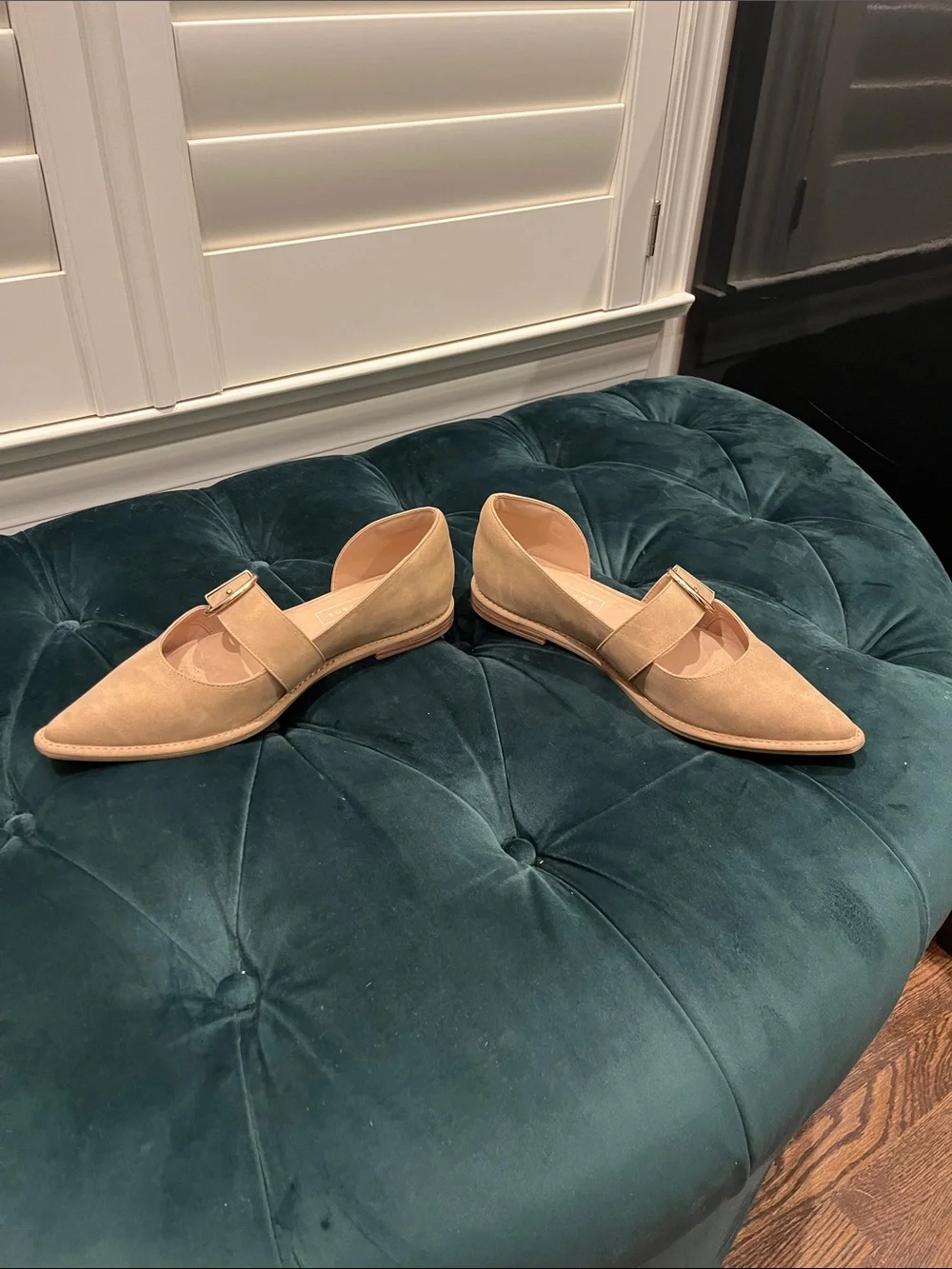 Yellow Box Women's Beige Pointed Mary Jane Flats with Gold Buckle and Rubber Sol